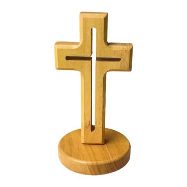 Imagem de Baoblaze Cruz de madeira decorativa para mesa com suporte, crucifixo de madeira, peça central de mesa, decoração para sala de estar, Base Redonda Oca