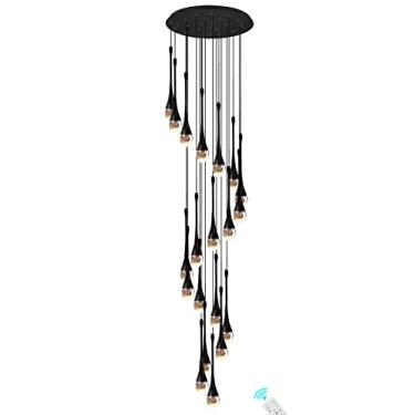 Imagem de Lustre pendente em espiral de cristal preto com 20 lâmpadas, 350 cm de altura (138"), para sala de estar, hall de entrada, com efeito de gotas de chuva e LED dimerizável de 2700 a 6000K.