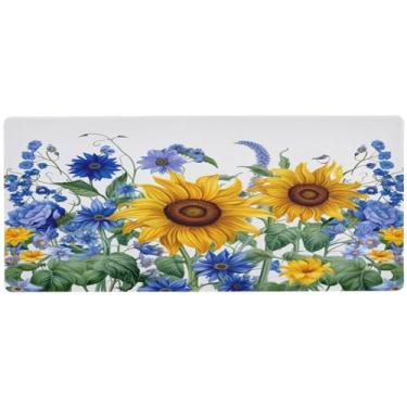 Imagem de Wassud Mouse pad de girassóis e bluebells para jogos com base de borracha antiderrapante, mouse pad longo para teclado de computador com borda costurada, almofada grande à prova d'água para escritório