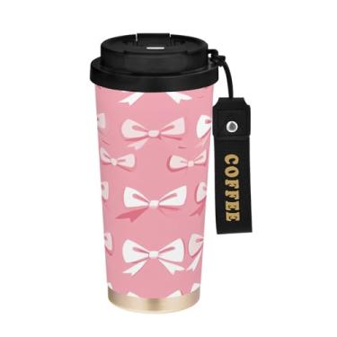 Imagem de YETTASBIN Caneca de café Bow Pink com isolamento térmico de 482 g com tampa canudo, copo à prova de derramamento e vazamento com alça para bebida quente e fria, garrafa de água de aço inoxidável