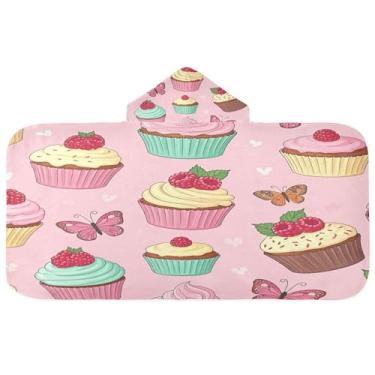 Imagem de Burbuja Toalha de banho com capuz borboleta bolos para crianças, toalha de praia de pelúcia macia absorvente para chá de meninas e meninos 3-10 anos, 61 x 127 cm