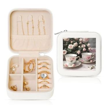Imagem de Xícaras de chá com rosas românticas com estampa gasta caixa de joias quadrada estojo de armazenamento portátil para anéis femininos brincos colares
