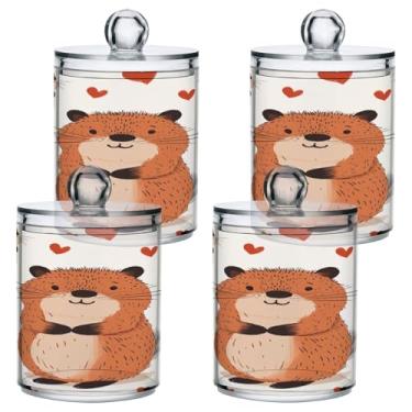 Imagem de STAYTOP 4 frascos fofos de capivara Qtip para boticário para banheiro com etiquetas – Recipiente de armazenamento Qtip de plástico transparente para bola de algodão, cotonete, grão de café