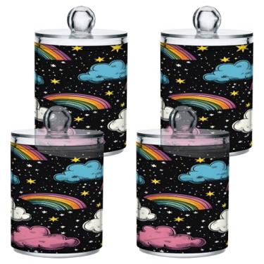 Imagem de STAYTOP 2 peças lindas cores arco-íris dispensador Qtip boticário frascos banheiro com etiquetas – recipiente de armazenamento Qtip recipiente de plástico transparente acrílico para bola de algodão