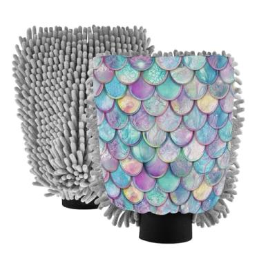 Imagem de STAYTOP Linda luva de microfibra colorida de sereia para lavagem de carro, 2 peças sem arranhões, sem fiapos, luva de microfibra de chenille premium escova para lavagem de carro-M