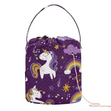 Imagem de Tatenale Bolsa de crochê bolsa de tricô com bolsos e alça organizador de armazenamento de fios portátil sem emaranhado 21 x 28 cm roxo escuro unicórnio lua nuvem arco-íris