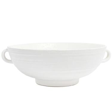 Imagem de Tigela branca fosca de duas alças - bacia decorativa de cerâmica com pés, tigela de exibição de pedestal nervurada para decoração de casa, centro de mesa de fazenda moderna para entrada de console de