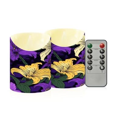 Imagem de Wassud Pacote com 2 flores em fundo preto velas sem chama com controle remoto, velas realistas cintilantes com temporizador, velas decorativas para Natal, casamento, festa, decoração de casa pequena