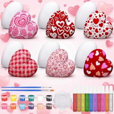 Imagem de Bucherry 6 conjuntos de presentes de Dia dos Namorados, pinte suas próprias estátuas de cerâmica em forma de coração, kit de mini estatuetas de coração sem pintura, artesanato, desenho faça você mesmo