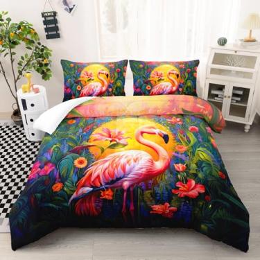 Imagem de AILONEN Conjunto de edredom de flamingo rosa, tamanho solteiro, 3 peças, tema flamingo tropical, para meninos e meninas, com folhas de palmeira, com 2 fronhas, leve