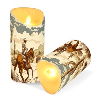 Imagem de ATTX Pacote com 2 velas de caubói do deserto ocidental – Velas de pilar LED de 7,6 cm x 15 cm com controle remoto e temporizador para casa, casamento, decoração de acampamento #108