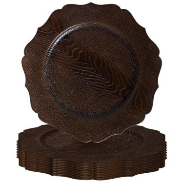 Imagem de MAONAME Conjunto de 12 pratos de carregador marrom de 33 cm, carregador redondo para pratos de jantar, carregadores de pratos recortados com aro dourado, carregadores de plástico para mesa, decoração