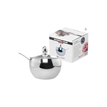 Imagem de Açucareiro em Aço Inox com Tampa de Vidro e Colher, Redondo, Cromado, 8,5cm Diâmetro, 152g, para Cozinha