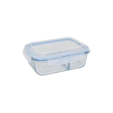 Imagem de Pote Retangular Hermético com Divisória, Vidro Borossilicato, 1520ml, Transparente com Tampa Azul, 22x17x8cm, Livre de BPA