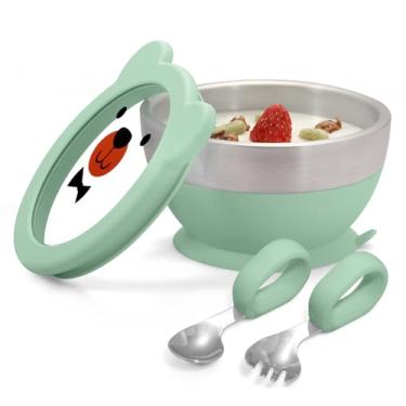 Imagem de MR. CHOU Conjunto de ventosas para bebês com colher e garfo, tigelas infantis de aço inoxidável 18/8 de camada dupla com ventosa de silicone e tampas herméticas sem BPA, verde