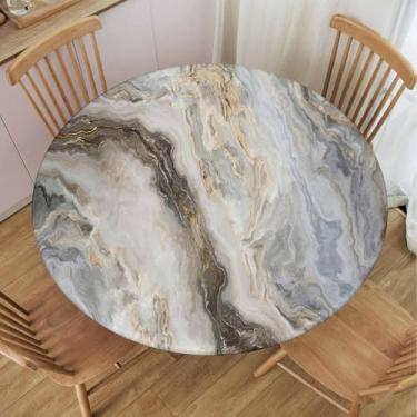 Imagem de TREGAUSI Toalha de mesa de mármore branca cinza capa redonda com borda elástica toalhas de mesa laváveis para pátio, cozinha, jantar, exterior, interior, 111,8 cm, adequado para mesas de 81,8 a 91,7