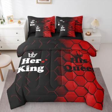 Imagem de Erosebridal Conjunto de edredom de 7 peças ombré, favo de mel, preto e vermelho | Crown Mr Mrs Romântico Dia dos Namorados, cama hexagonal em uma bolsa, adultos, mulheres e homens