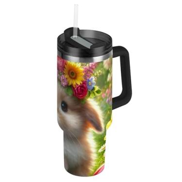 Imagem de Copos de aço inoxidável com tampa e canudos Primavera Coelhinho Flor Coroa Garrafa de Água para Copo de Carro Copo Moderno com Alça Garrafa de Água 1,134 g Isolada
