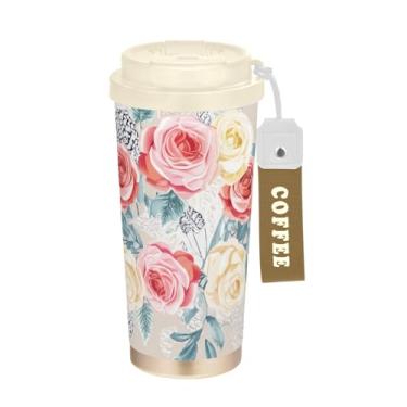Imagem de TSENQUE Copo de café de viagem 473 ml com tampa de canudo e filp, copo de parede dupla isolado a vácuo com revestimento cerâmico, rosa pastel floral borboleta bege