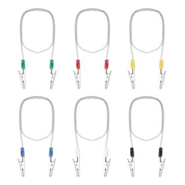 Imagem de 6 clipes dentários com corrente, clipes de guardanapo de metal ajustáveis de 58 cm para clínica de dentista reutilizável suporte de corrente de pescoço para adultos idosos (6 cores)