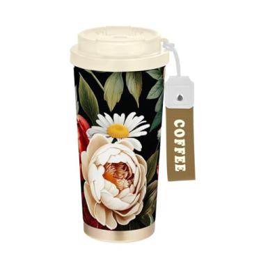 Imagem de TSENQUE Flores de margarida peônia vermelha vívida, 473 ml, caneca de café de viagem com canudo e tampa, canecas de café de parede dupla isoladas a vácuo com revestimento cerâmico para escola