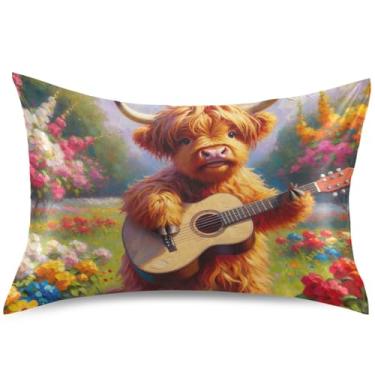 Imagem de Lindas capas de almofada de cetim floral de vaca Highland para cabelo, almofadas refrescantes coloridas, capas de almofada padrão King Queen, tamanho Queen, 76 cm x 50 cm