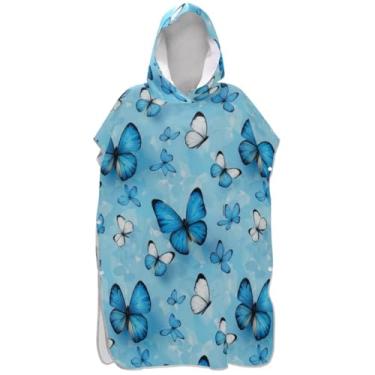 Imagem de Joisal Roupão de mudança de poncho de surfe para toalha de natação com capuz absorvente borboletas azuis ponchos adultos para mulheres