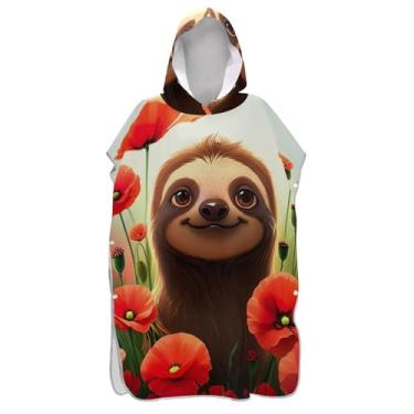 Imagem de TSENQUE Lindo poncho de surf floral vermelho preguiça marrom para trocador adulto toalha de praia com capuz impressão poncho masculino absorvente com capuz