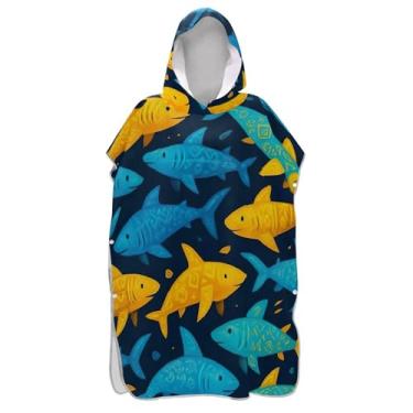 Imagem de Roupão reutilizável para troca de poncho de surfe para adultos, toalha de natação com capuz, tubarões fofos, azul, amarelo, ponchos femininos com capuz