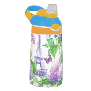 Imagem de Garrafa de água branca lilás da Torre Eiffel infantil com canudo 473 ml 473 ml Garrafa de água esportiva Tritan portátil reutilizável copos de viagem para crianças, à prova de vazamento, alça de