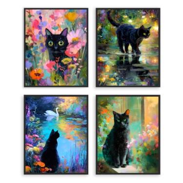 Imagem de Dazzlewall 4 peças de pôster de arte de parede de gato preto fofo, flores coloridas de gato preto, pinturas de arte de animais para decoração de quarto, banheiro, 20 x 25 cm, sem moldura