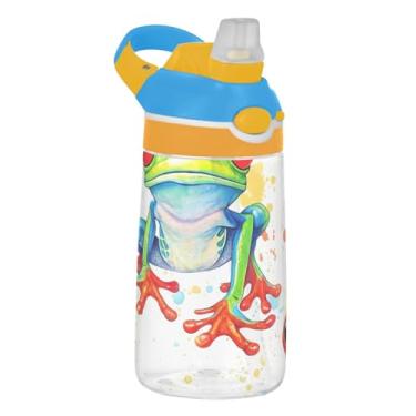 Imagem de Garrafa de água esportiva infantil Tritan de 473 ml com tampa de canudo garrafa de água à prova de vazamento para escola reutilizável copo infantil de 473 ml, alça de transporte, sapos coloridos