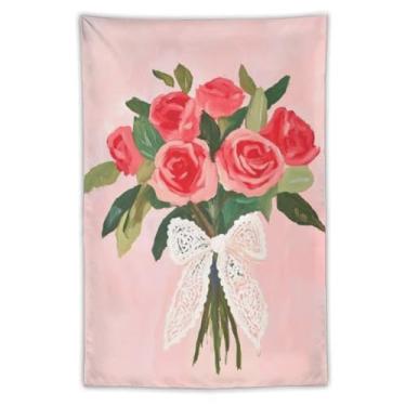 Imagem de Tapeçaria vintage para casais, vestido rosa, chapéu fedora, pétala, fundo macio, pintura a óleo, decoração romântica, decoração de casa para sala de estar, quarto, peça estética nostálgica, tapeçaria