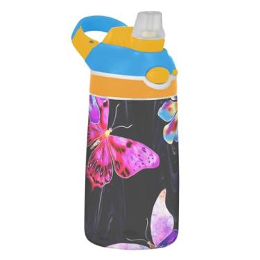Imagem de Garrafa de água infantil preta com flor de borboleta colorida para escola, 473 ml, 473 ml, garrafa de água esportiva Tritan com canudo, copo de viagem reutilizável para crianças, à prova de vazamento