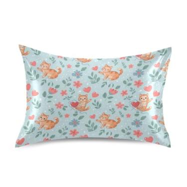 Imagem de Wassud Capa de almofada divertida de cetim para cabelos e pele com gatos gengibre para o dia dos namorados e capas de almofada de seda lisa tamanho padrão respiráveis com fecho de envelope