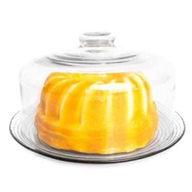 Imagem de Boleira de vidro com tampa trabalhada porta bolo, doces, tortas, pudins- Conjunto com Pé para Exposição e Proteção - Ideal para Festas, Sobremesas e Decoração de Cafeteria(tampa lisa 118)
