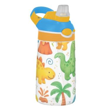 Imagem de Garrafa de água infantil de 473 ml, portátil, 473 ml, garrafa de água de plástico Tritan com canudo reutilizável à prova de vazamento, alça de transporte, dinossauros brancos de desenho fofo
