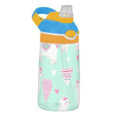 Imagem de Garrafa de água infantil de 473 ml com tampa de palha, garrafa de água esportiva reutilizável para escola, à prova de vazamento, copo infantil Tritan de 473 ml, alça de transporte, fofo verde camelo