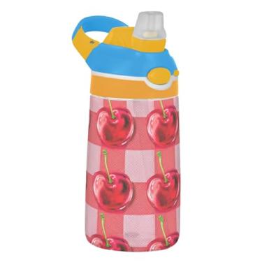 Imagem de Garrafa de água infantil Tritan Sports de 473 ml com tampa de palha, garrafa de água portátil de 473 ml, copo infantil reutilizável à prova de vazamento, alça de transporte, tabuleiro de xadrez