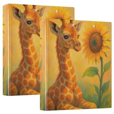 Imagem de Fichários personalizados de girafa laranja e girassóis de 3,8 cm, 3 anéis, 200 folhas, fichário redondo fofo, 31,5 x 27 x 6 cm, pacote com 2