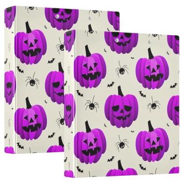 Imagem de Fichários personalizados com 3 anéis de abóboras roxas de Halloween bege de 3 cm comporta 200 folhas, pastas, caderno, fofo, redondo, fichário, 31,5 x 27 x 6 cm, pacote com 2