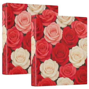Imagem de Fichários de 3 anéis rosas vermelhas e brancas de 3 cm comporta 200 folhas fofas pastas de portfólio redondo fichário, 31,5 x 27 x 6 cm, pacote com 2