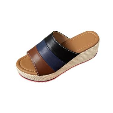 Imagem de Chinelo feminino casual primavera verão confortável combinando cor boca de peixe bico aberto um pé grosso inferior anabela, ideal para uso versátil, Preto, 39