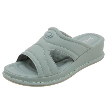 Imagem de Chinelos femininos sólidos com boca de peixe sem cadarço, casual, para casa, com palmilha confortável, leve para uso interno, Verde, 34