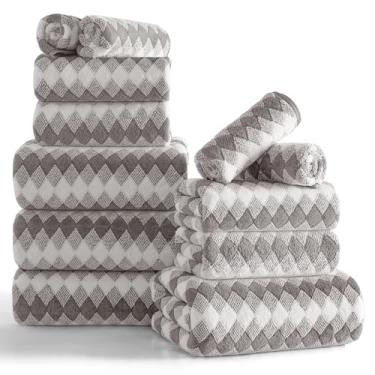 Imagem de Conjunto de 12 toalhas de diamante cinza claro - 4 toalhas de banho, 4 toalhas de mão, 4 toalhas de poliéster macio com laço absorvente toalha de banho toalha de praia de secagem rápida toalhas de