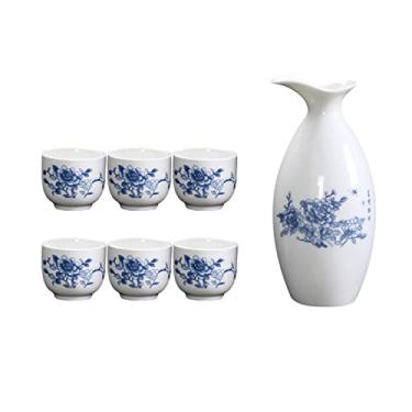 Imagem de Conjunto de 7 peças de saquê, conjunto de copos de saquê de cerâmica retrô tradicional, com 1 pote de saquê e 6 copos de saquê, design elegante, melhor presente para copos de família e amigos