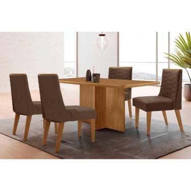 Imagem de Sala Jantar Mesa Berlim Tampo Curvo 120cm+4 Cadeiras Maldivas Madeira Naturale - Capuccino/Suede Marrom - Rufato