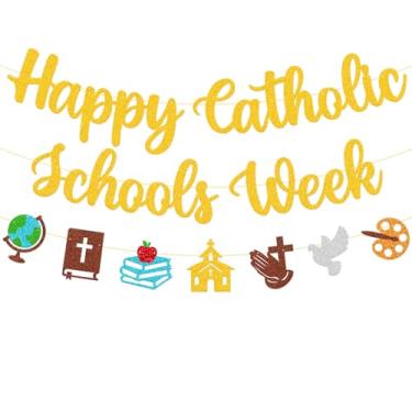 Imagem de Faixa Happy Catholic Schools Week, design de texto escrito amarelo com ícones religiosos, placa de parede decorativa educativa