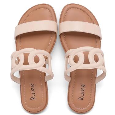 Imagem de Ruiee Sandálias rasteiras femininas de largura larga, sandálias de verão casuais de pés largos, sandálias deslizantes com tira confortável, sapatos de praia abertos para mulheres., Nude PU 8007, 13