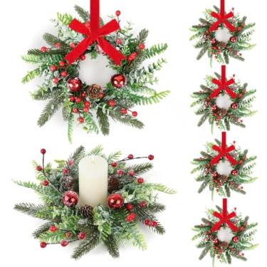 Imagem de 6 anéis de vela de Natal, guirlandas, guirlandas artificiais de pinheiro nevado, cedro, baga vermelha, grinaldas, mini bolas de Natal, guirlanda para decoração de Natal, inverno, porta da frente e
